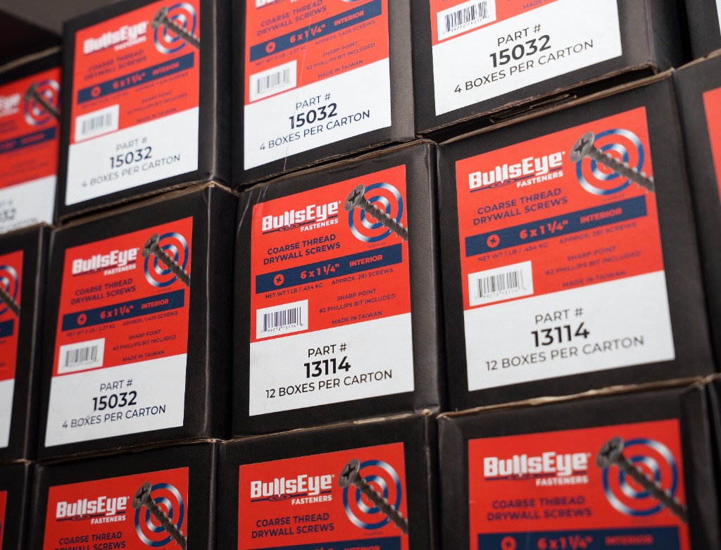 BullsEye Fasteners coarse thread drywall screw boxes stack
