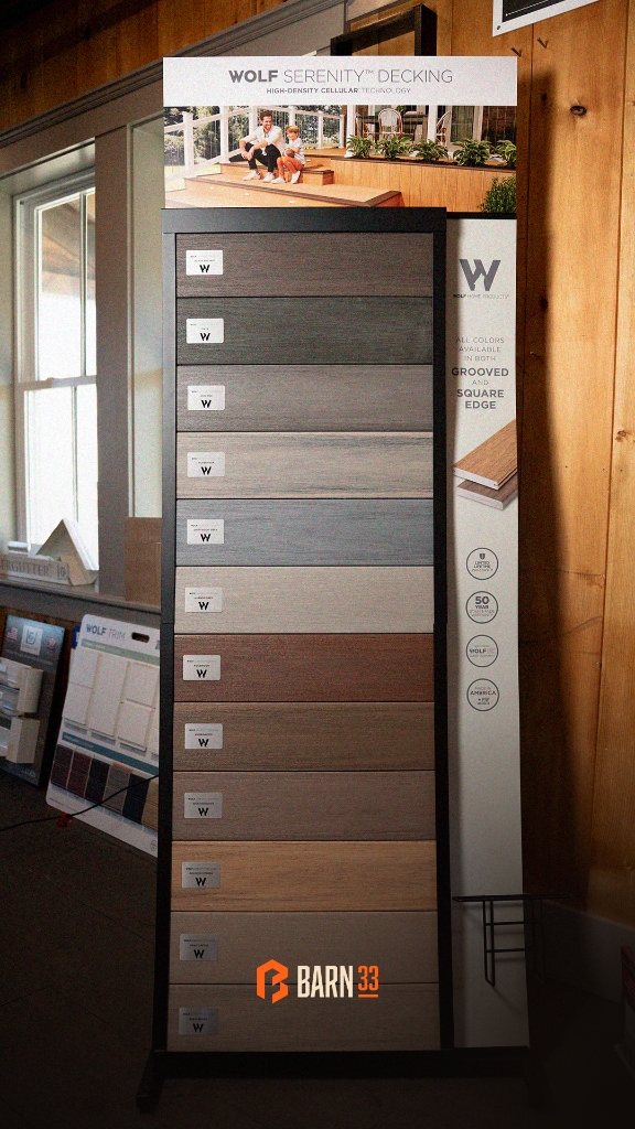 Wolf Serenity high density cellular PVC decking color rack display at Barn 33 showroom